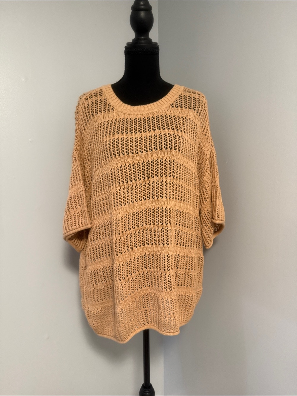 aerie Peach Open-Knit Crewneck Sweater